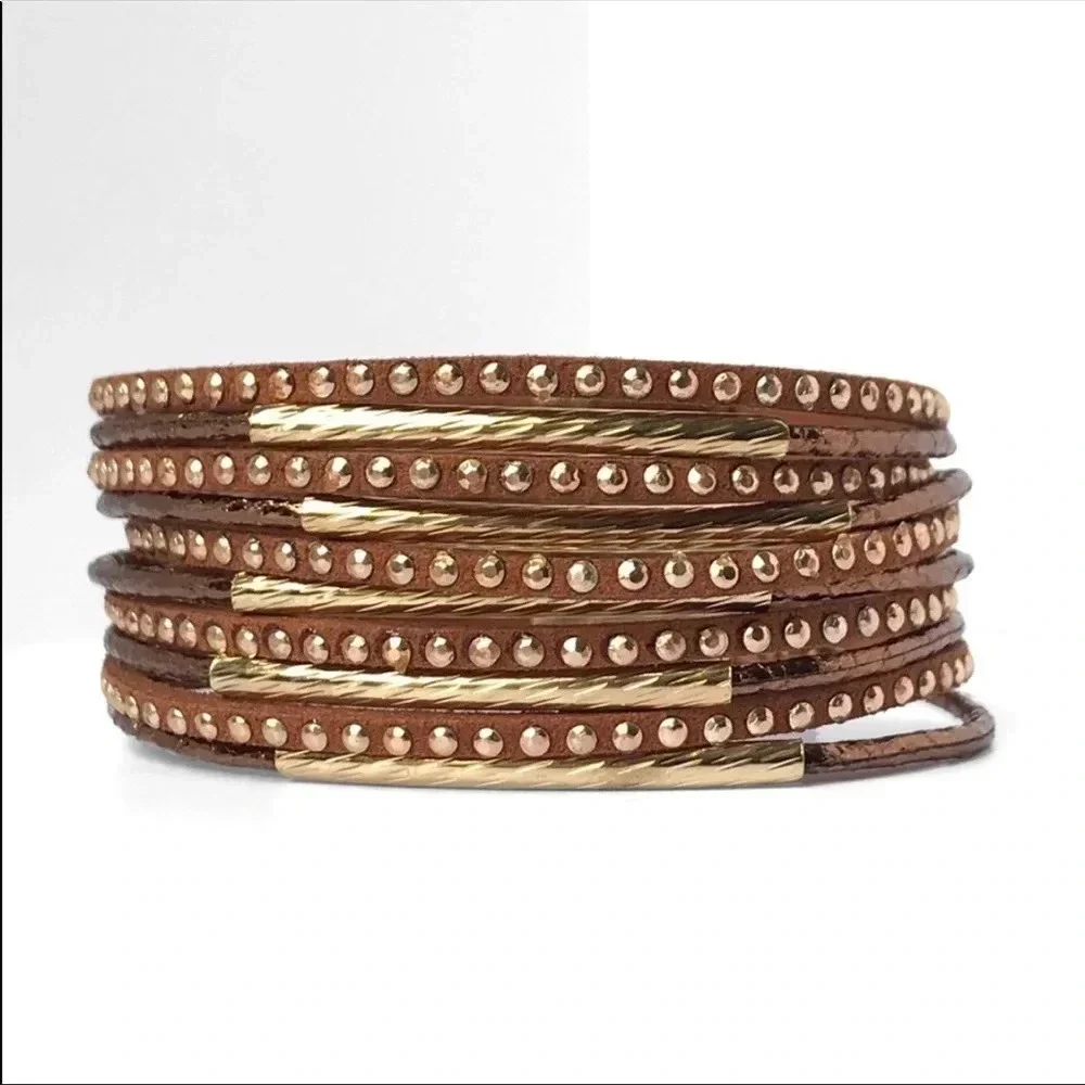 Brown Gold Multi Strand Magnetic Leather Wrap Bracelet